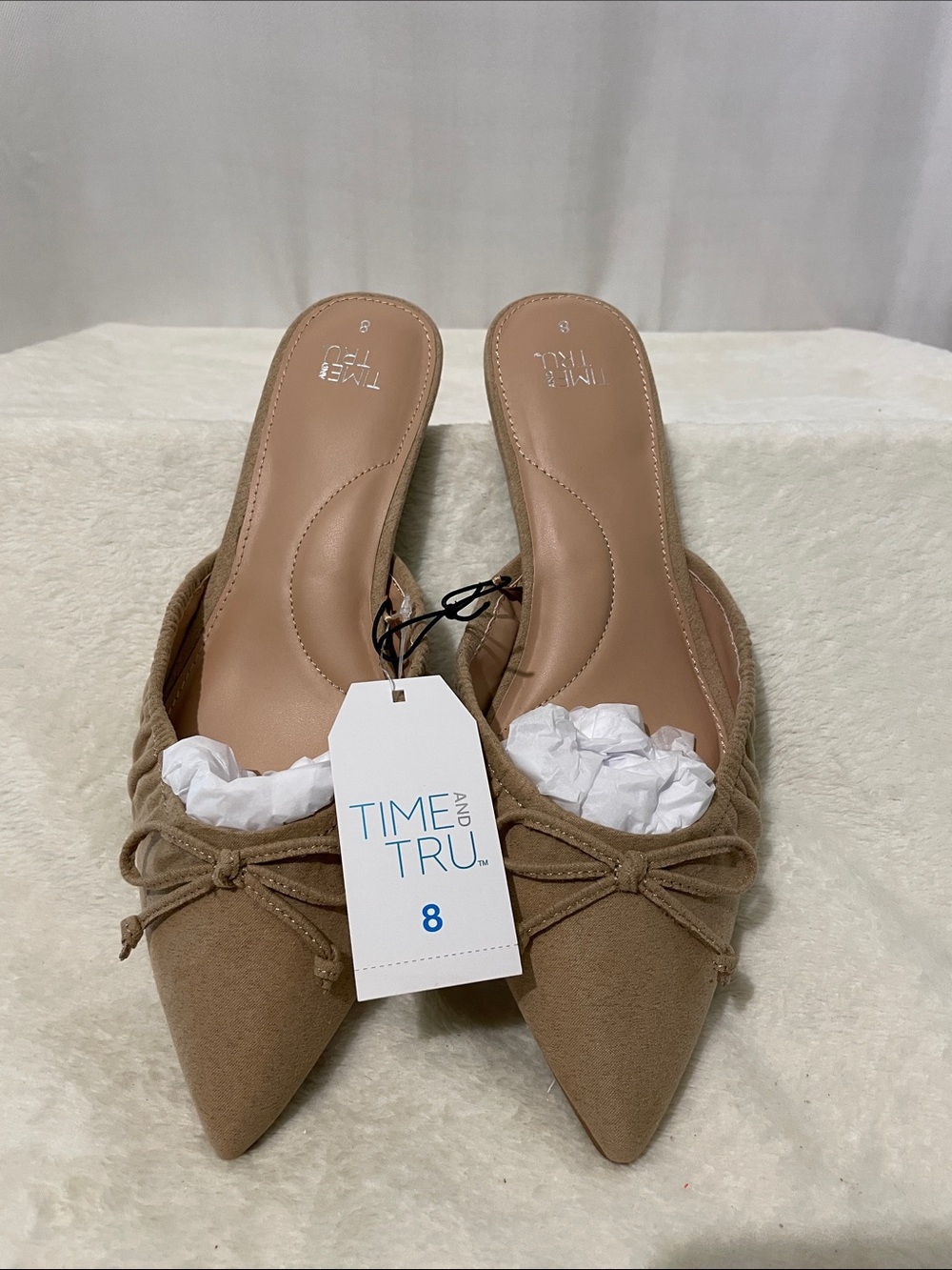 Time and Tru Tan Pointed Toe Bow Slip-On Mules